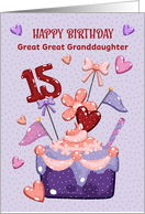 Great Great Granddaughter 15th Birthday Cupcake Hearts and Polka Dots card