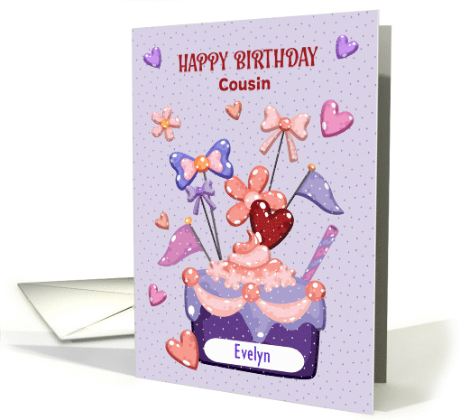 Cousin Birthday Custom Name Evelyn Cupcake Hearts and Polka Dots card