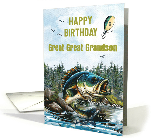 Great Great Grandson 9th Birthday Bass Fish and Fishing Lure card