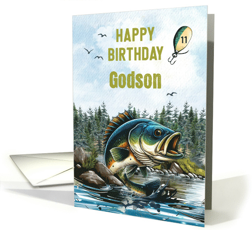 Godson 11th Birthday Bass Fish and Fishing Lure card (2002302)