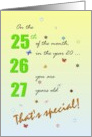 Birthday on 25th of the Month in 2026 and 27 Years Old card