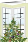 Christmas tree by window with snow scene outside card