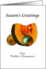 Customizable Season’s Greetings greengrocer to customers, pumpkin slice and baubles card