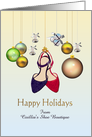 Happy holidays from shoe boutique to customers, pretty shoes, bells and baubles card