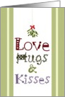 Christmas love hugs and kisses, mistletoe on a string card