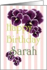 Birthday For Sarah Purple Pansies Pink And White Stripes card