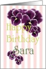 Birthday For Sara Purple Pansies Pink And White Stripes card