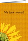 Sunflower moving announcement, sunflower against wood panel card