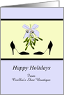 Happy holidays shoe boutique to customers, pretty shoes, mistletoe, bells and bow card