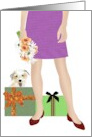 Birthday Lady Holding Flowers Dog and Presents card