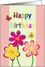 Birthday colorful cartoon flowers and butterflies card