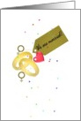 Lesbian marriage announcement, female gender symbols rings and a red heart card