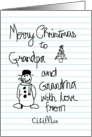 Merry Christmas Grandpa Grandma Child’s Writing Snowman Tree card
