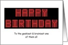 Geek birthday greeting on digital font dashboard card