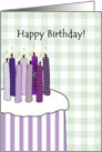 Birthday purple cake stripes, huge birthday cake and candles card