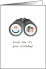 Birthday, spotting a birthday cake and presents through binoculars card