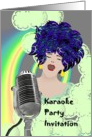 Invitation to karaoke party, lady singing in front of microphone card