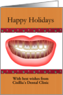 Happy holidays from dentist to patients, bauble image on front teeth card