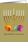 Hanukkah and Christmas Colorful Baubles Lit Candles on Menorah card