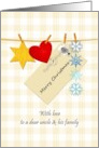Christmas for uncle and family, envelope and ornaments, gingham card