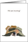 We are moving, dog asleep under a pile of hats, new address card
