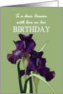 Birthday for Female Cousin Pretty Irises Green Checkered Background card