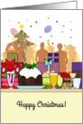 Christmas, food and wine, Christmas pudding and a happy gathering card