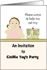 Birthday party invitation for kids, little girl eating cake with spoon card