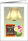 Diwali Card Standing Next to Vase of Roses and Table Lamp card