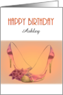 Custom Birthday Name High Heel Shoes and Bougainvillea Flowers card