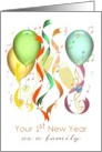 1st New Year As Family Colorful Balloons Hearts Ribbons And Champagne card