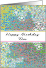 Birthday customizable name, white florals on colorful abstract pattern card