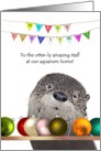 Christmas for staff at otter aquarium, cute otter, colorful baubles card