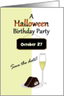 Save The Date Halloween Birthday Party Chocolate Cake Champagne card