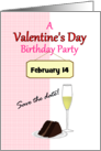 Save The Date Valentine’s Day Birthday Party Cake And Champagne card