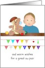 Happy Holidays Au Pair Toddler With Upturn Ice Cream Bowl On Teddy card