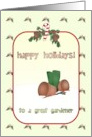 Happy Holidays For Gardener Boots Flower Pots And Trowel In The Snow card