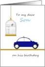 Birthday Incarcerated Mom to Son Bird in Birdcage Bird on Top of Car card