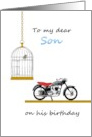 Birthday Incarcerated Dad to Son Bird in Birdcage Bird on Motorbike card