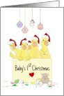 Five Cute Ducklings Holding Board Which Reads Baby’s First Christmas card