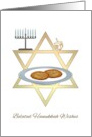 Belated Hanukkah Wishes Menorah Star of David Dreidel and Latkes card