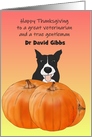 Thanksgiving for Male Veterinarian, Dog Sitting Behind Pumpkin card