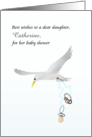 Daughter’s Baby Shower Bird Carrying Blue Pacifier and Teething Ring card