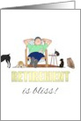 Vet Retirement Man Relaxing in Deckchair with Pet Dogs and Cats card
