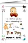 Grandson 1st Birthday on Pi Day Baby Sucking on Pie Custom Date card