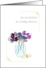 Baby Shower Invitation Pacifier Beside Vase of Sweet Pea Flowers card