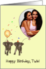 Birthday for Twin Two Elephants Holding Balloons Photocard card