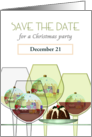 Save the Date for Christmas Party Pudding and Glasses of Wine card