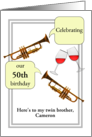 My Twin Birthday Custom Age Name and Sibling Trumpets and Wine card