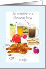 Christmas in July Party Invitation Drinks and Yummy Food and Baubles card